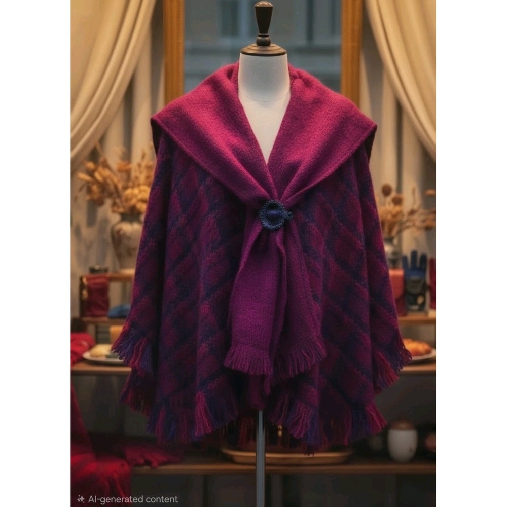 Boyne Valley Weavers Handmade Ireland Wool Blend Plaid Fringe Poncho Magenta